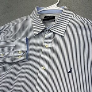 Nautica Shirt Mens 16.5 32/33 Blue White Striped Classic Fit Long Sleeve‎ Cotton